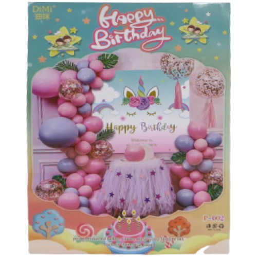 Фотозона з повітряних куль Happy Birthday- Єдиноріг - постер-набір латекс.куль, кульки з блиском, пензлики, стрічка-скотч (45 елементів)