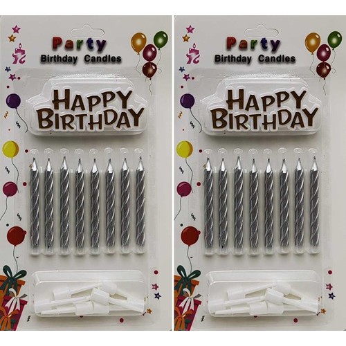 Свічки в наборі 8шт.з підставками 5,5см + "Happy Birthday" срібні
