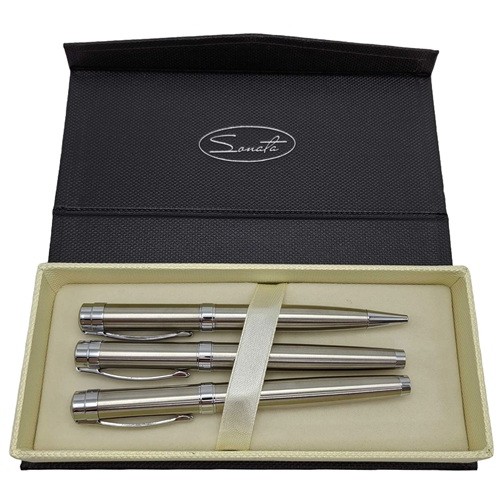 Набір подарунковий Sonata 3 ручки кулькова, ролер, чорнильна (відкр.перо) срібні