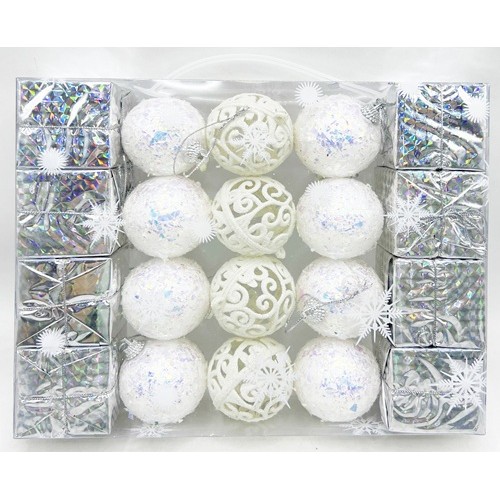 Набір іграшок на ялинку "Кулі срібно-білі 20шт Ø5см" у валізці
