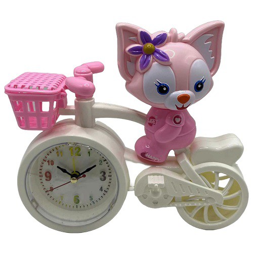 Часы-будильник детский настольный "Розовая лисичка на велосипеде" 19см