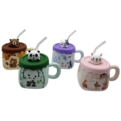 Чашка керамическая 400мл "Зверюшки" силиконовая крышка, трубочка
