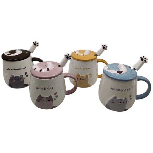 Чашка керамическая 400мл "Котик-лапка" с крышкой, ложкой