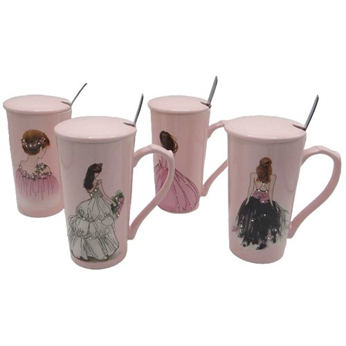 Чашка керамическая 400мл "Девушка-стразы" с крышкой.мет.ложкой