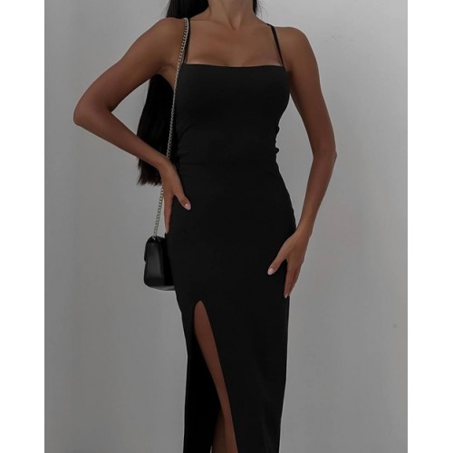 Сукня довга з розрізом, крепдайвінг, чорна