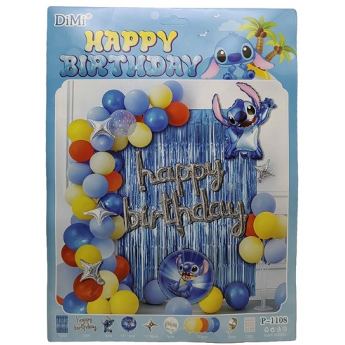 Фотозона з повітряних кульок -Happy Birthday "Стіч" - кулі 61шт., дощик-блакитна