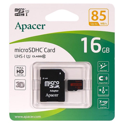 Карта памяти APACER microSDHC 16GB UHS-I U1+adapter (R85MB/s)