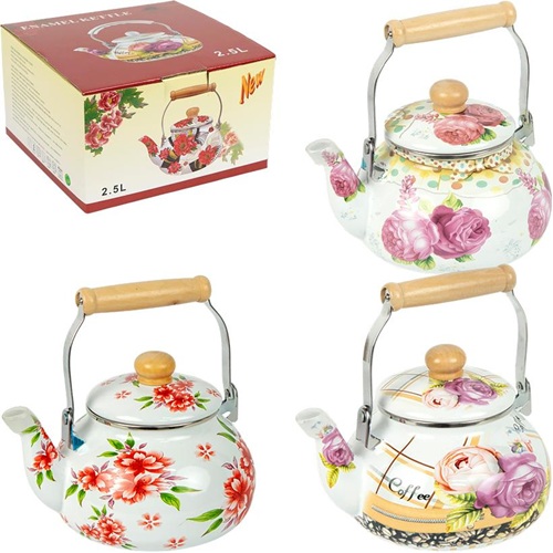 Чайник емальований "Квіти" 2,5 літри, ручка під дерево