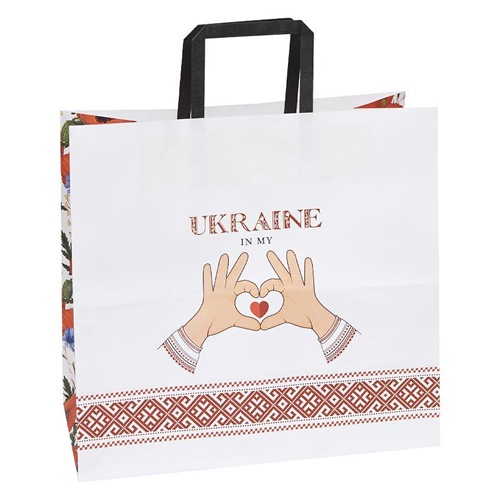 Пакет паперовий КРАФТ білий "UKRAINE IN MY❤" 32*15*30см