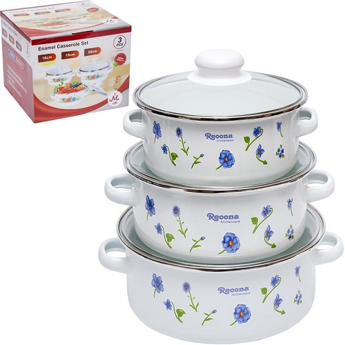 Набір емальованих каструль 3шт 1,1/1,6/2,3л з кришками "Білі з квіткою"