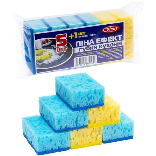 Губка для миття посуду "Vivat - Піно Ефект" 5+1 штук, 9*6*3,5 см