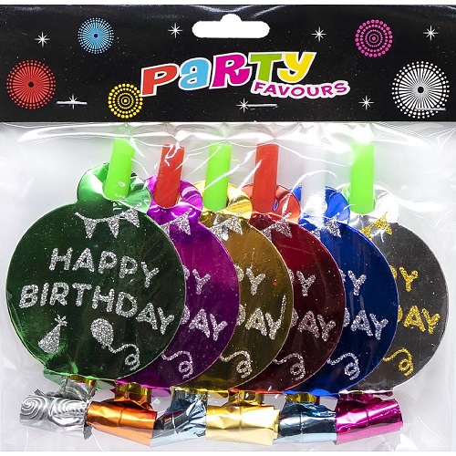 Набор свистков карнавальных "Happy birthday - цветные" фольгированных с кругом микс 6 штук