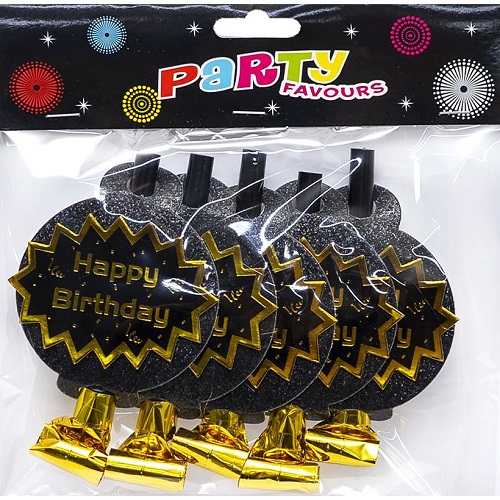 Набор свистков карнавальных "Happy birthday - черно/золотые" фольгированных с кругом микс 6 штук