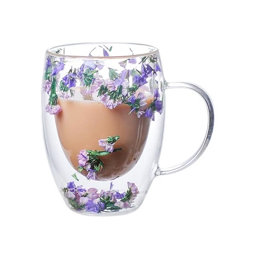 Чашка с двойным дном 350мл стекло с цветами