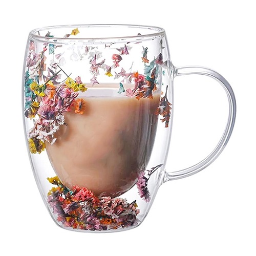 Чашка с двойным дном 450мл стекло с цветами