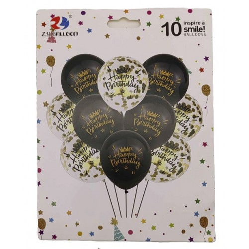 Набор воздушных шаров "Happy birthday" 10шт*30см черно-золотые