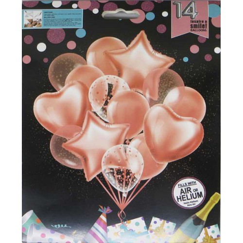 Набор воздушных шаров "Звезда, Сердце" 14шт. = 4шт. * 45см, мрамор. + 5шт. с блестками. + 5шт.металлик, розовые/фиолет/золотые