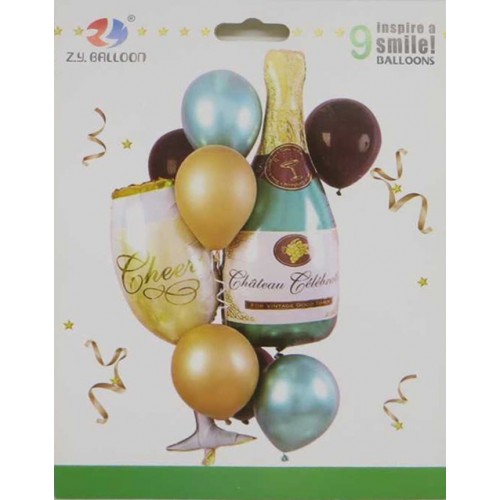 Кулі фольговані набір "Cheers-келіх, шампанське" 9шт.=2шт*90см+7шт.*30см блакитний, золотий