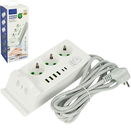 Сетевой фильтр - удлинитель 3000W 993-2P, 3 розетки + 4USB+2Type-C, беспроводная зарядка, 3м