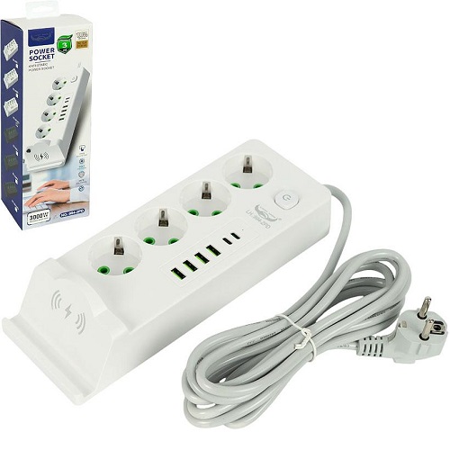 Сетевой фильтр - удлинитель 3000W 994-2P, 4 розетки + 4USB+2Type-C, беспроводная зарядка, 3м