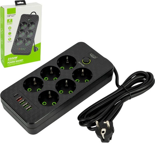 Сетевой фильтр - удлинитель 2500W 2м, 6 розеток + 4 USB + 1 Type-C
