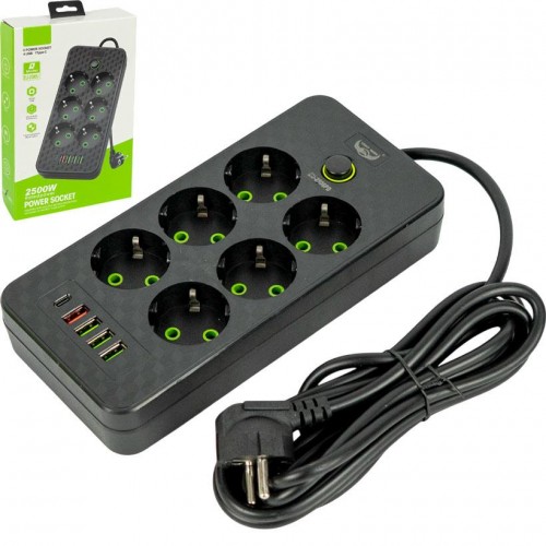 Сетевой фильтр - удлинитель 2500W 3м, 6 розеток + 4 USB + 1 Type-C