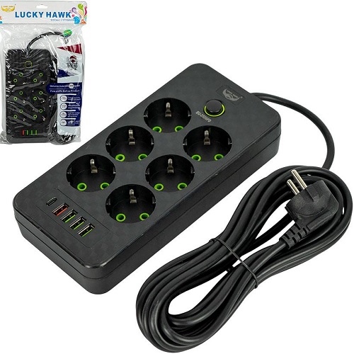 Сетевой фильтр - удлинитель 2500W 5м, 6 розеток + 4 USB + 1 Type-C
