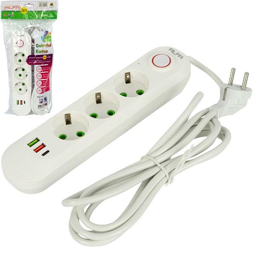 Электрический удлинитель на 3шт/3м +2USB +1Type-C с выключателем