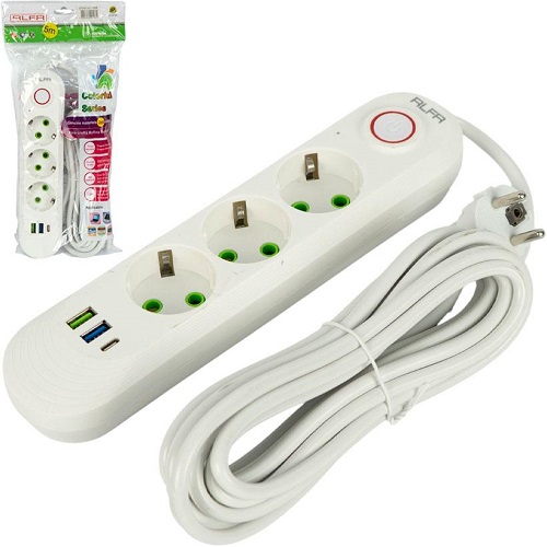 Электрический удлинитель на 3шт/5м +2USB +1Type-C с выключателем
