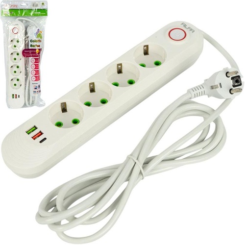 Подовжувач електричний на 4шт/3м +2USB +1Type-C з вимикачем