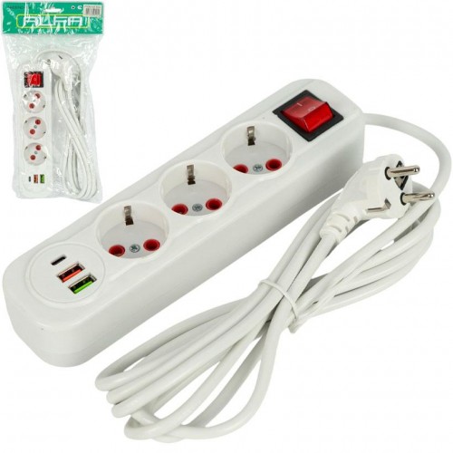 Електричний подовжувач на 3шт/3м та 2 USB+1Type-C з вимикачем