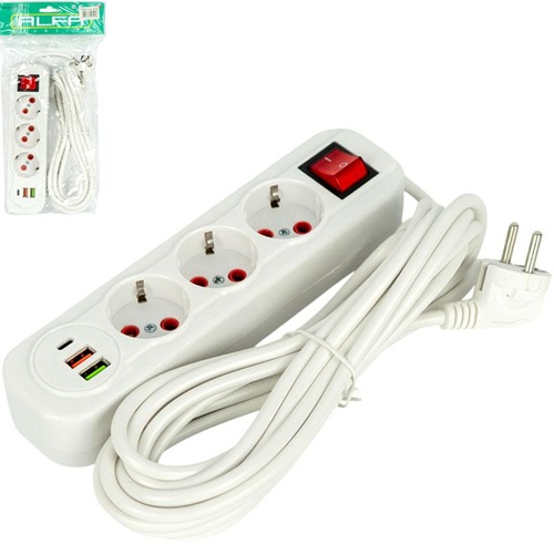 Електричний подовжувач на 3шт/5м та 2 USB+1Type-C з вимикачем