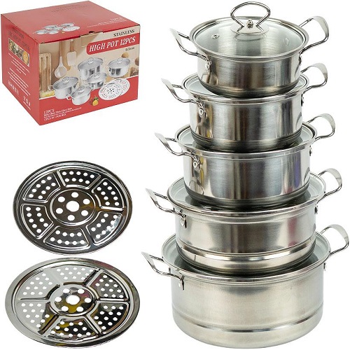 Набір каструль із нержавіючої сталі 5шт 0,75/1/1,5/2/3л з кришками Ø16/18/20/22/24см