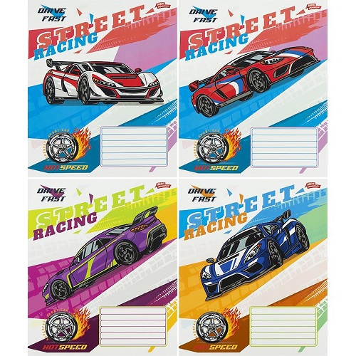 Тетрадь цветная 12 листов, коса с доп.линией "Street racing" "Мечты сбываются"