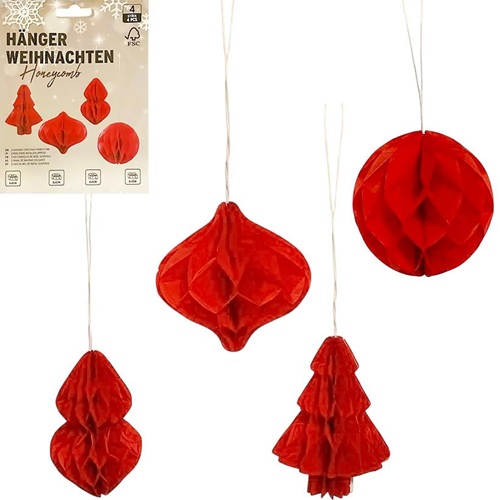 Набор подвесных бумажных новогодних украшений 4шт "Красные фигуры"