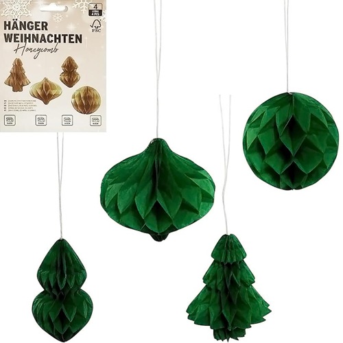 Набор подвесных бумажных новогодних украшений 4шт "Зеленые фигуры"