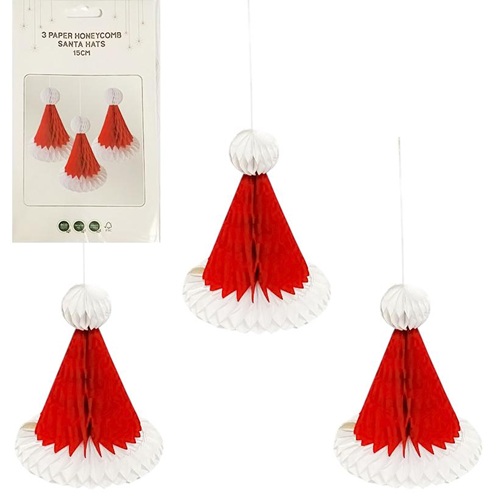 Набор подвесных бумажных новогодних украшений 3шт "Шапка Санты" 15см