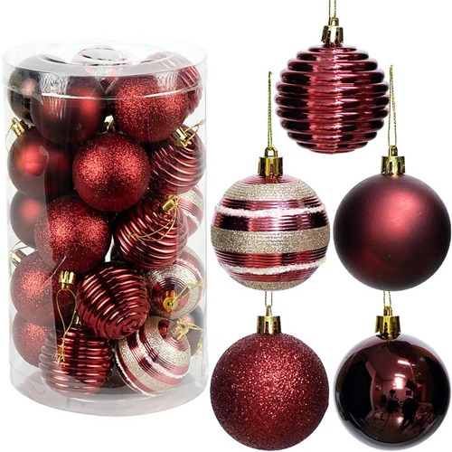 Набор новогодних шаров 25шт Ø6см "Бордо" (5 дизайнов по 5шт) тубус