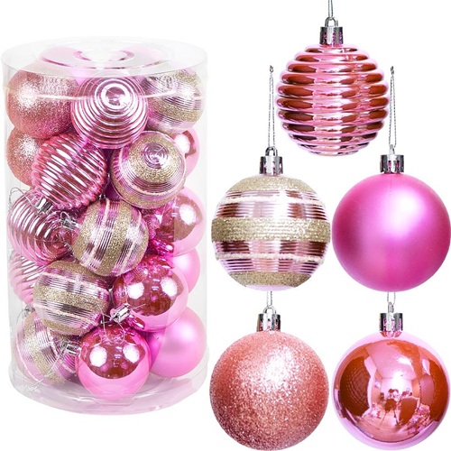 Набір новорічних куль 25шт Ø6см "Рожевий" (5 дизайнів по 5шт) тубус
