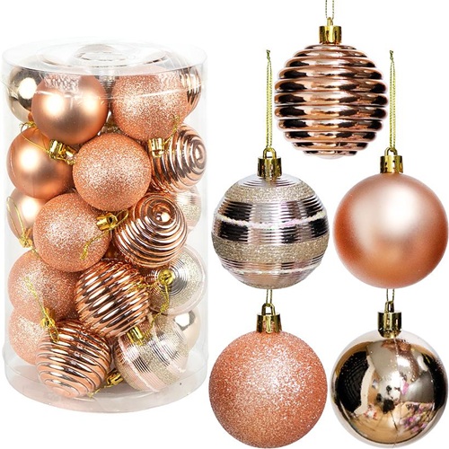 Набір новорічних куль 25шт Ø6см "Рожеве Золото" (5 дизайнів по 5шт) тубус