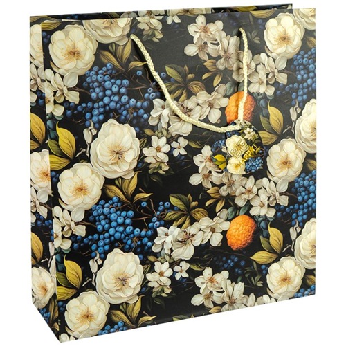 Пакет подарочный "Цветы белые на черном" 35*37*12см