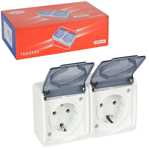 Розетка накладна EURO подвійна із заземленням та кришкою 13*7,5*4,5см