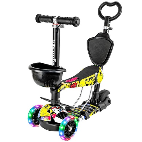 Самокат дитячий 5 в 1 з сидінням та батьківською ручкою, LED колеса, до 50кг GRAFFITI 3+