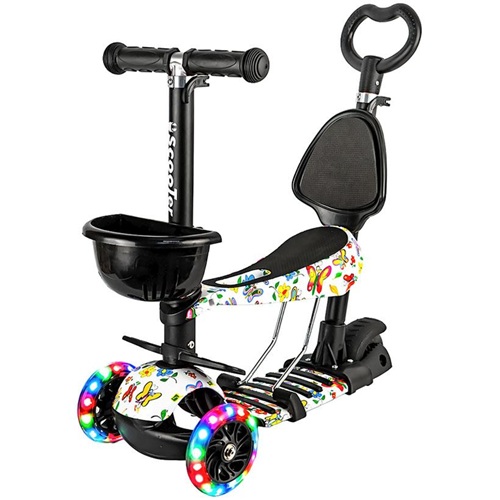 Самокат дитячий 5 в 1 з сидінням та батьківською ручкою, LED колеса, до 50кг BUTTERFLY 3+