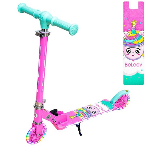 Самокат дитячий двоколісний складаний з LED підсвічуванням, колеса 120мм, до 50кг GREENISH-PINK 6+