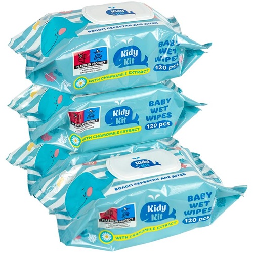 Вологі серветки "KIDI KIT" 120шт, з екстрактом ромашки та вітаміном Е, клапан