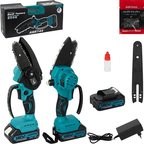 Акумуляторна міні-ланцюгова пилка 21V, шина 4″ + 6″, 15/20 см, кейс+коробка