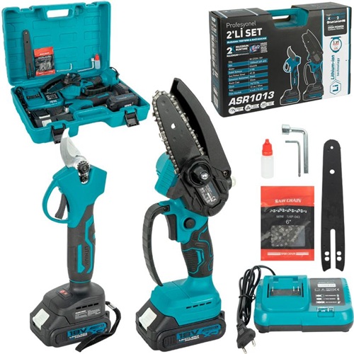 Набір акумуляторних інструментів 2-в-1: ланцюгова міні-пила та секатор у кейсі + коробка