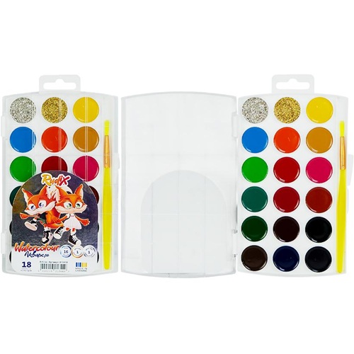 Акварель медовая 18 цветов, золото+серебро с кисточкой RUDIX