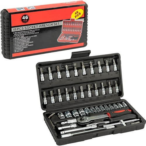 Набір інструментів 46 предметів у чорному кейсі, биті та торцеві головки з тріскачкою